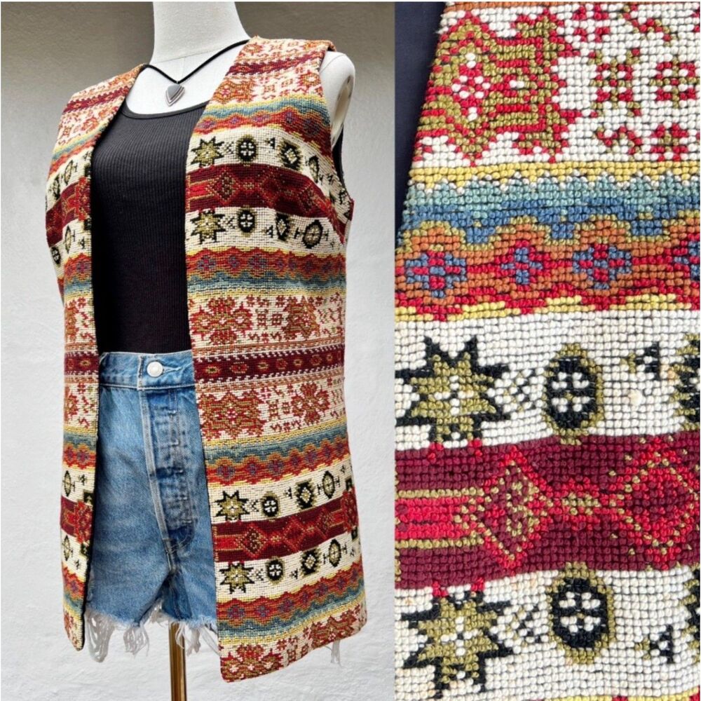 Vintage 70s Joseph Magnin Southwestern Tapestry Vest Long Open-Front Size Medium